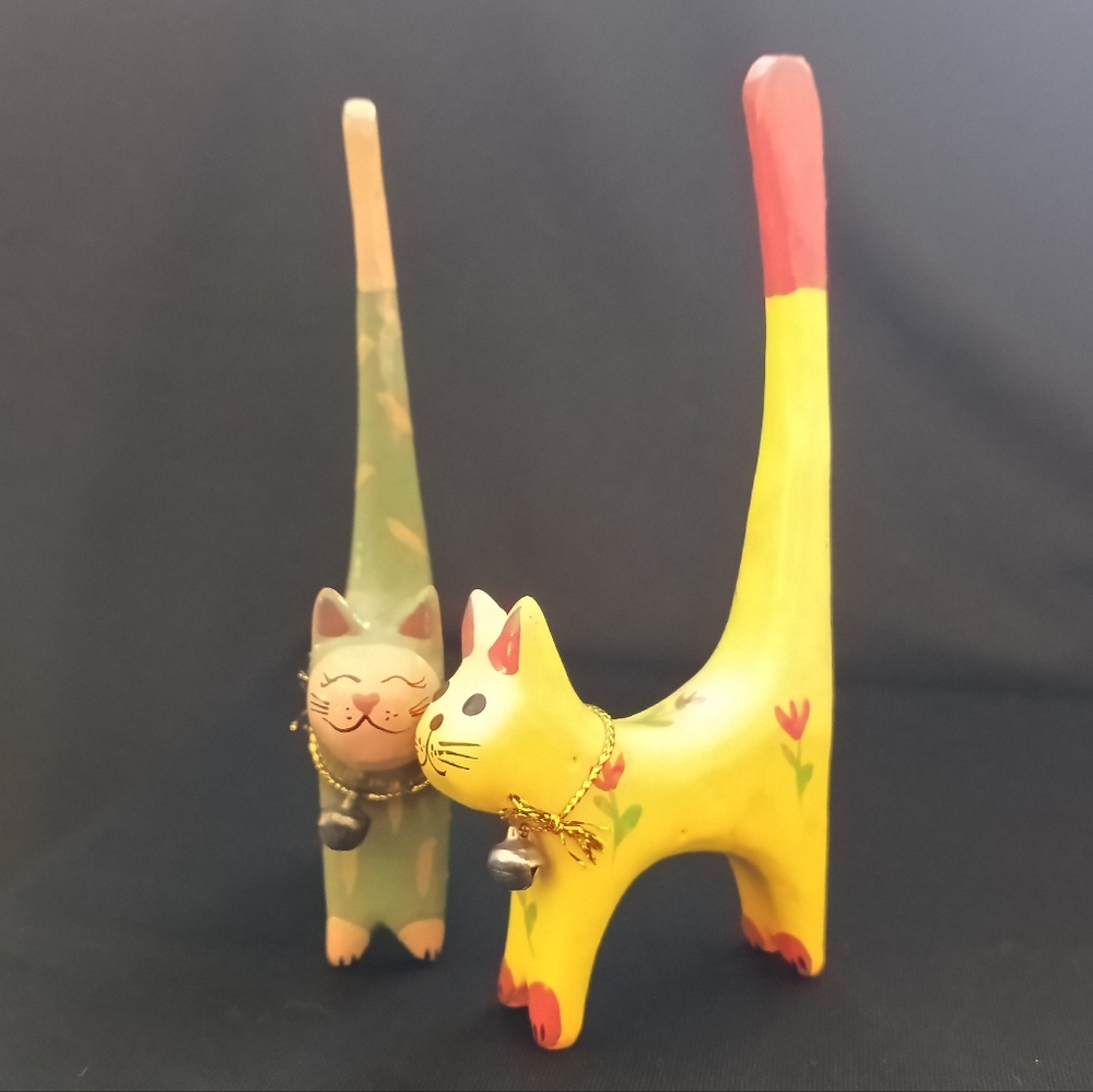 Two Handcrafted Wood Mini Cat Figurines - Green and Yellow - Picture 10 of 17